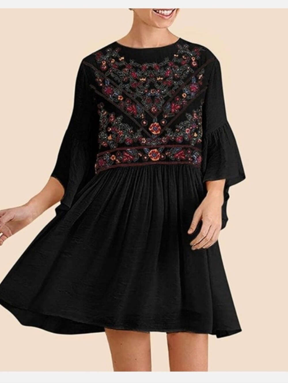 Umgee Black Floral Embroidered Flowy Bell Sleeves Above Knee Boho Dress Medium